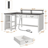 EnHomee 55" Computer Desk, L Shaped Desk with Drawers, Office Desk with Long Monitor Stand, Farmhouse Desk with Power Outlets & LED Lights, Home Office Desks for Bedroom with Storage Shelves EnHomee