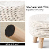 Wimarsbon Pouf Ottoman, 100% Cotton Knitted Boho Footstool, Round Footrest with Non-Skid Wood Legs, Home Décor Handmade Pouffe, Leisure Floor Step Stool for Living Room (Beige) Wimarsbon