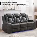 Power Reclining Sofa Couch with Wireless Charger, 3 Seaters with Recliner with Reading Light, Leather Electric 3 Seat Sofa Sectional Set for Living Room, Home Theater Seating with LED Lights, Grey Comfort Stretch