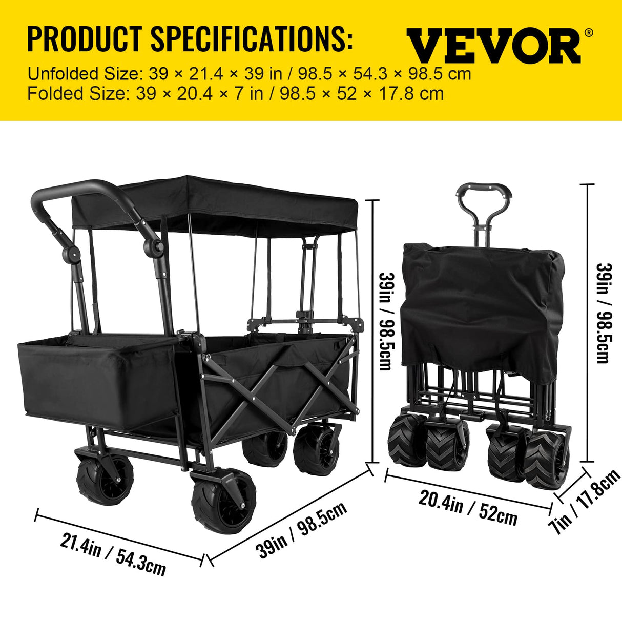 Happbuy Extra Large Collapsible Garden Cart with Removable Canopy, Folding Wagon Utility Carts with Wheels and Rear Storage, Wagon Cart for Garden, Camping, Grocery Cart, Shopping Cart, Black Happybuy