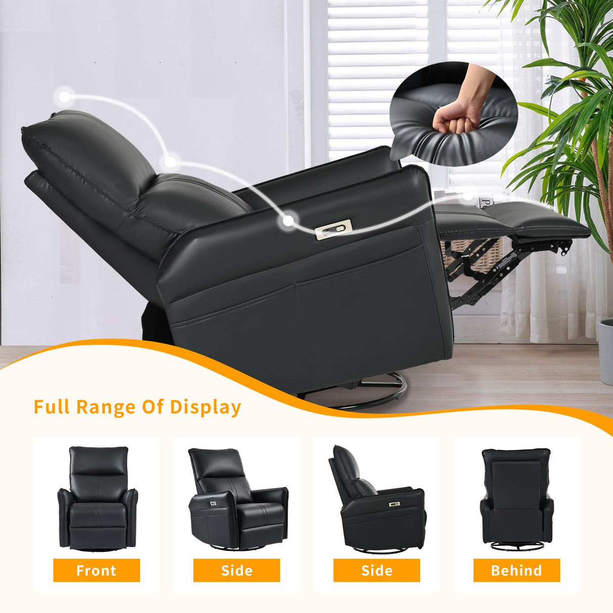 QicoFelix Power Swivel Rocker Recliner,Electric Glider Recliner Nursery Chair, Leather Electric Recliners with USB Ports for Living Room Bedroom (Black, Power) QicoFelix