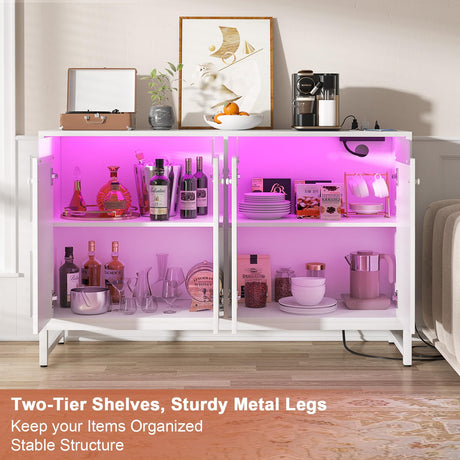 Aheaplus Sideboard Buffet Cabinet with Power Outlet, Kitchen Storage Cabinet with LED Light & Doors, Accent Cabinet Cupboard Buffet Table with Storage for Dining Room, Living Room, Hallway, White Aheaplus