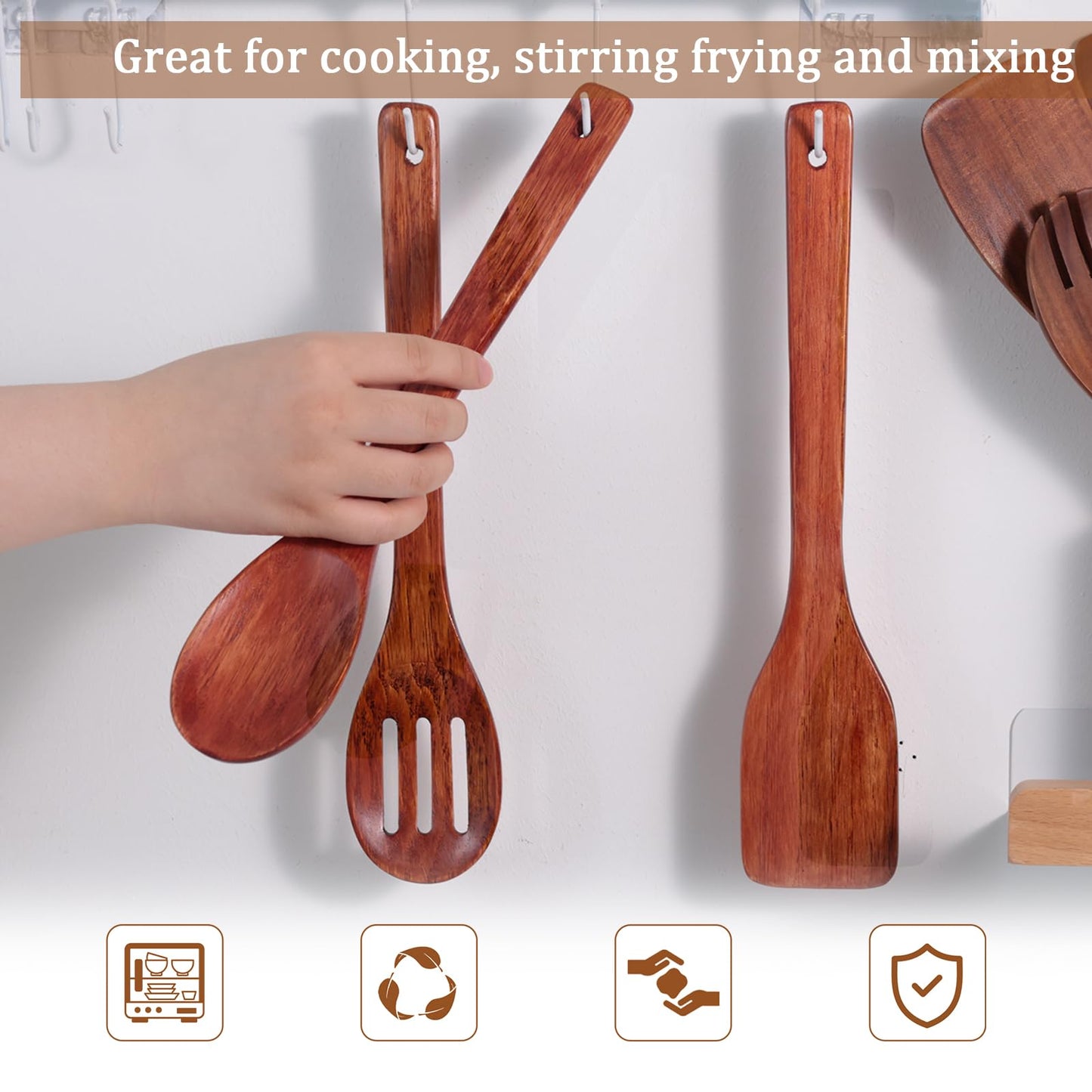 HANSGO 3PCS Wooden Cooking Spatulas, 12inch Wooden Kitchen Utensils Set Dark Brown Wood Spatulas for Cooking Stirring Frying Mixing Sauteing