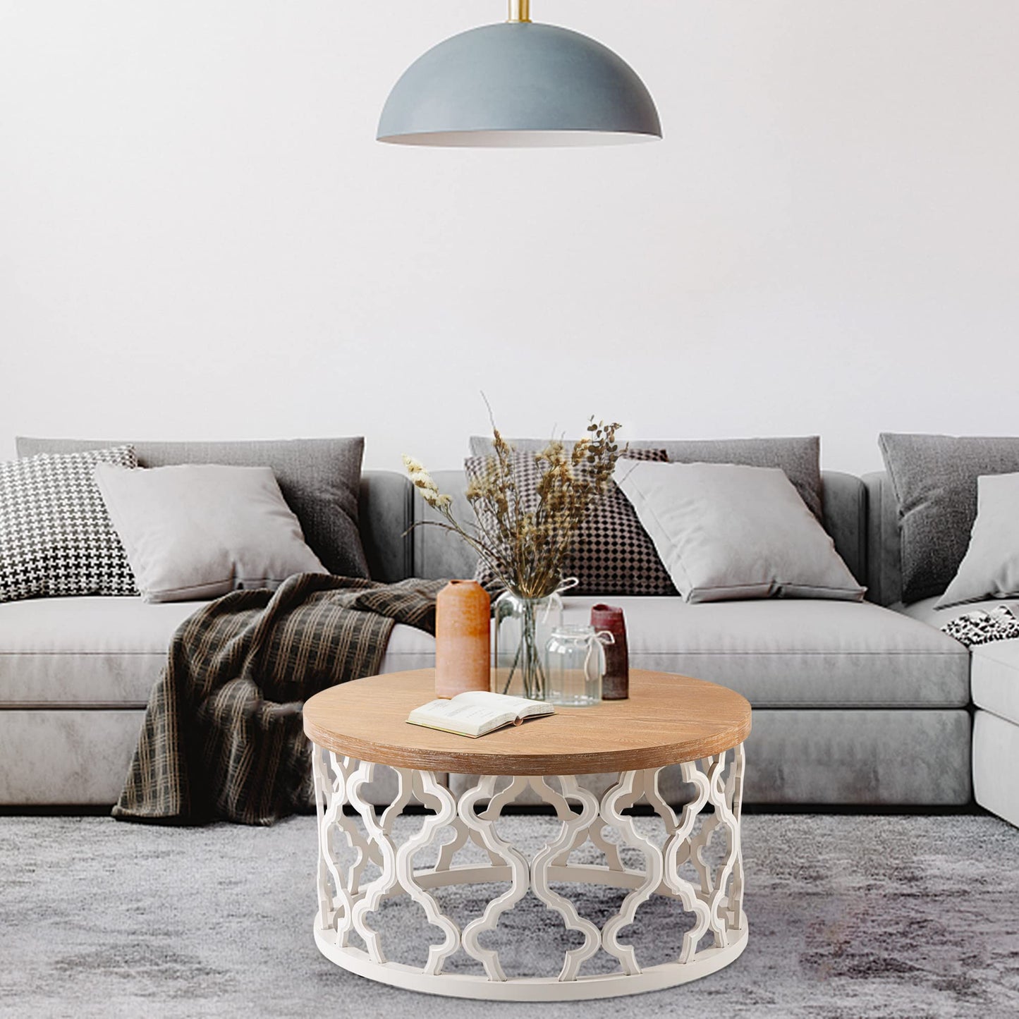 Clredg Round Farmhouse Coffee Table, Wood Grain Top Table with Curved Motif Frame Base for Rustic, Boho, Rustic, French Country Decor, Traditional White - WoodArtSupply