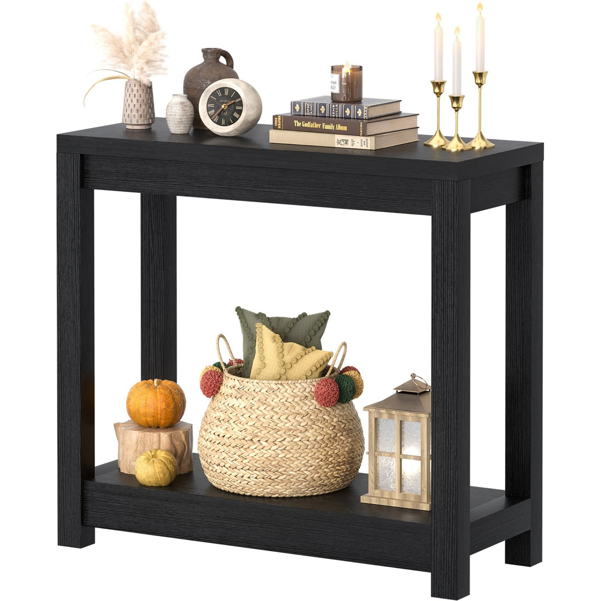 Besiost Small Farmhouse Wood Entryway Table Narrow Console Table with Storage Behind Couch Sofa Table with Shelves Entry Way Table with Open Storage, Easy Assembly, 32" Embossed Wood Grain Black Besiost