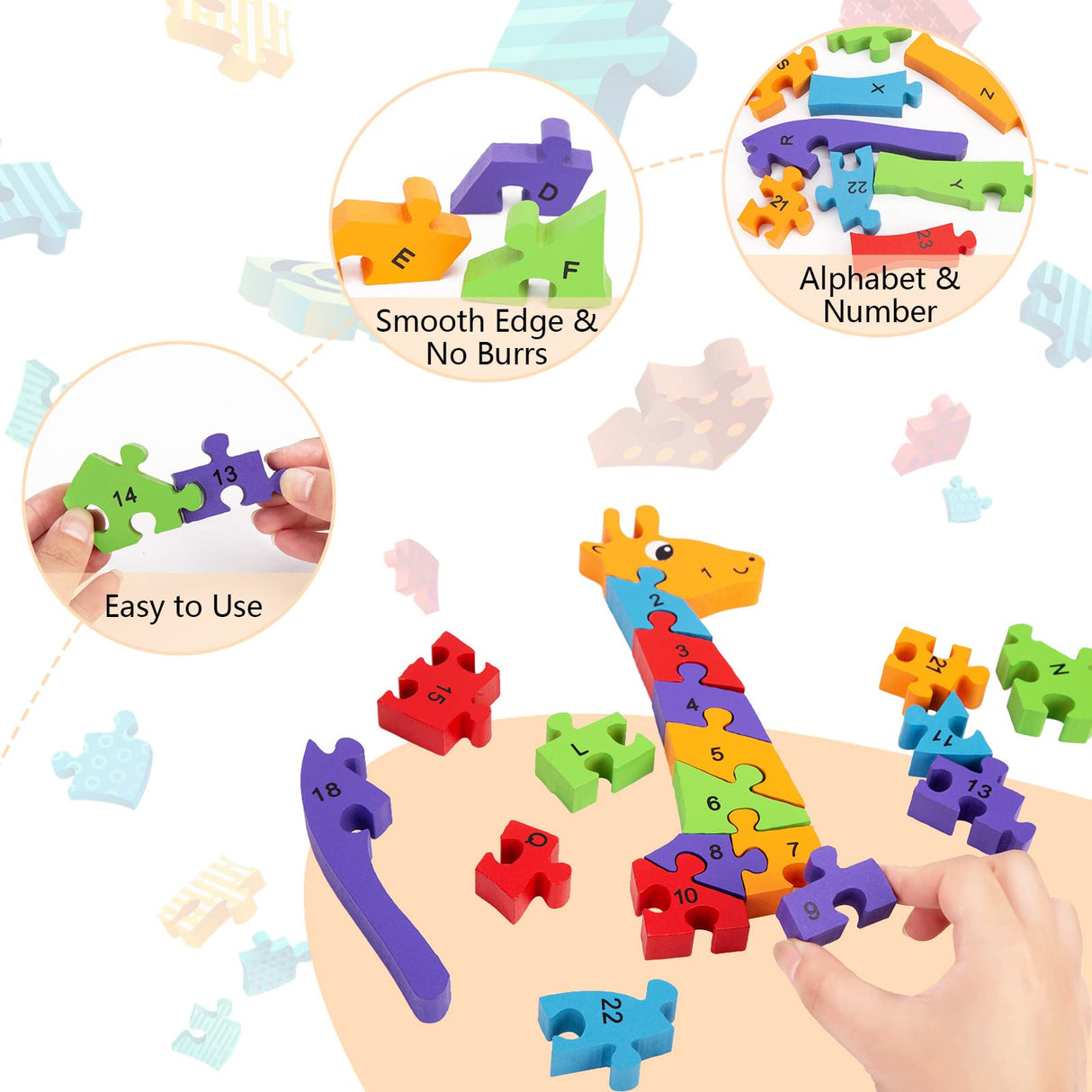 LovesTown Giraffe Wooden Puzzle, 26PCS Jigsaw Alphabet and Number Blocks, Educational Toy for Toddlers, Ideal for Gifting and Learning LovesTown