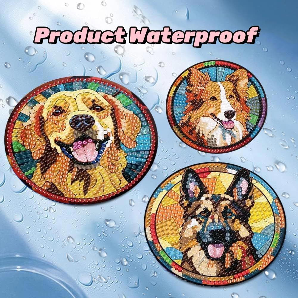 Puraikcmi 6pcs Dogs DIY Diamond Art Painting Kits Coasters with Holder, Diamond Coasters by Number Adults Crafts Full Drill Round Mosaic Stitch Art Craft Supplies Puraikcmi