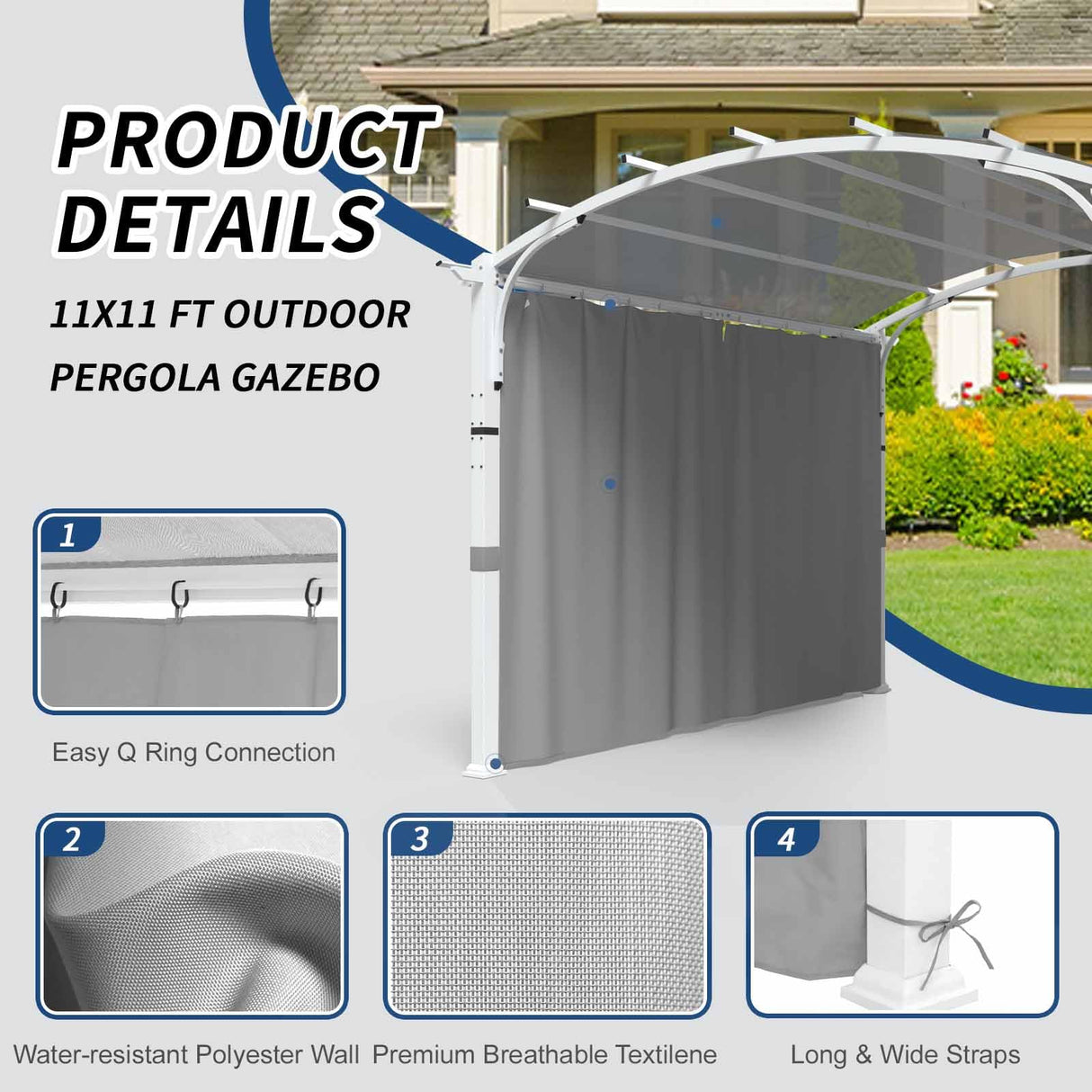 INTER HUT 11'x11' Patio Pergola Canopy with Full Closure Sidewalls, Outdoor Metal Gazebo Pergola with Privacy Curtains, Gray INTER HUT
