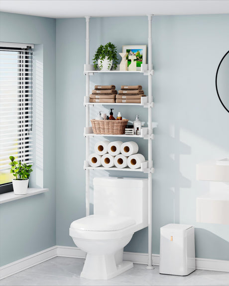 ALLZONE 4 Tier Over The Toilet Storage, Adjustable Wood Over Toilet Bathroom Organizer, Freestanding Shelves, Fit Most Showers Over The Toilet Shelf, 92 to 116 Inch Tall, White ALLZONE