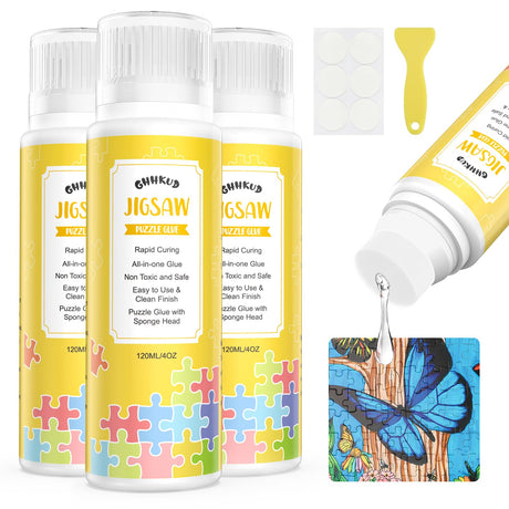 GHHKUD Jigsaw Puzzle Glue, 360ML Jigsaw Glue with Sponge Head, Non-Toxic and Quick Dry Puzzle Sealer for 7000/8000/9000 Pieces of Puzzle Jigsaw Accessories Glue Scrapper Included & Double-Sided Tape GHHKUD