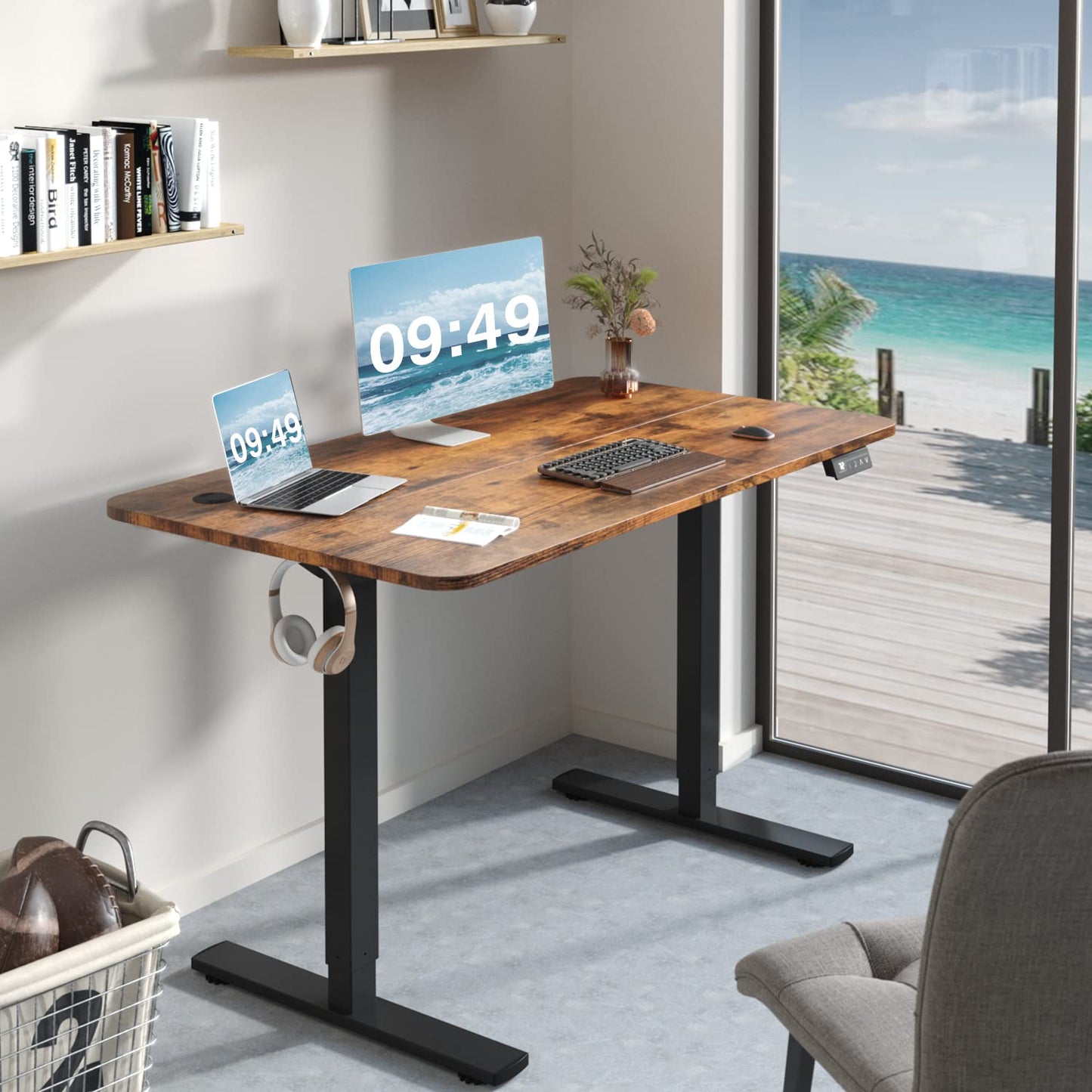 Furmax Electric Height Adjustable Standing Desk Large 48 x 24 Inches Sit Stand up Desk Home Office Computer Desk Memory Preset with T-Shaped Metal Bracke, Brown - WoodArtSupply