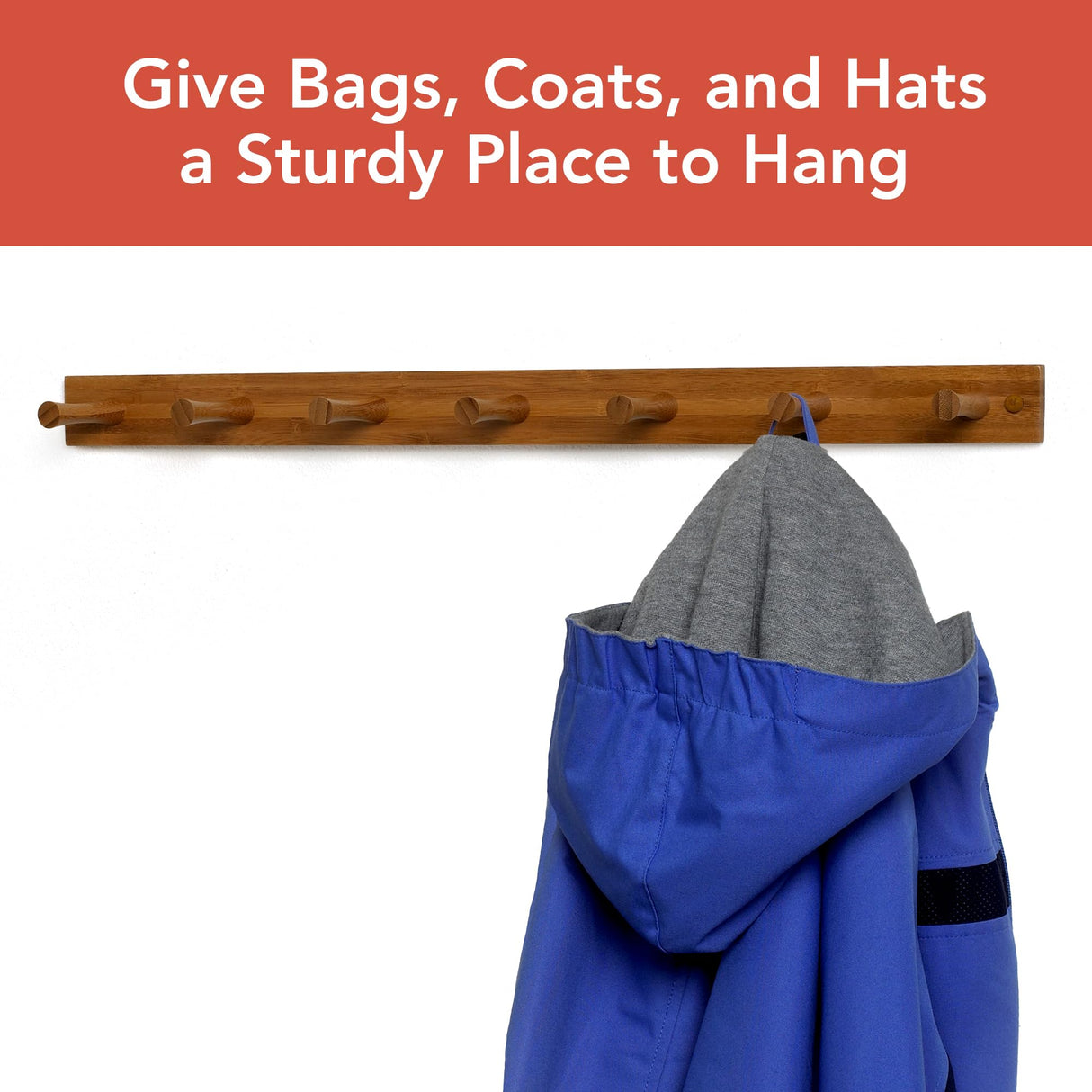 Spectrum Wall Mount 7-Peg Wood Rack (Bamboo) - Organizer for Bathroom, Kitchen, Laundry Room, Office, Garage, Classroom, & More / Hang Entryway Coats, Purses, Scarves, & Hats Spectrum