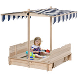 Outsunny Wooden Kids Sandbox with Cover, Children Outdoor Sand Box with Foldable Bench Seats, Adjustable Canopy, Bottom Liner for Outdoor, Natural Outsunny