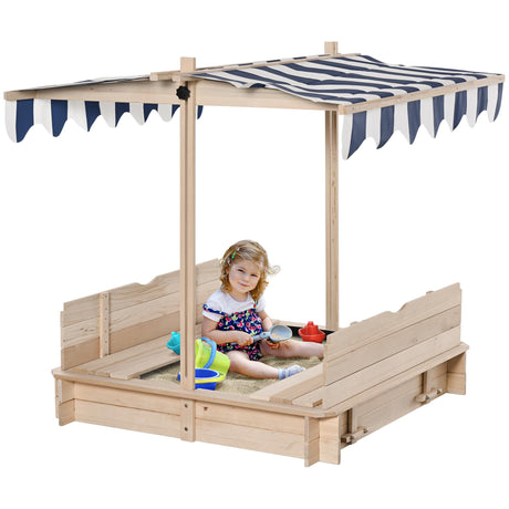 Outsunny Wooden Kids Sandbox with Cover, Children Outdoor Sand Box with Foldable Bench Seats, Adjustable Canopy, Bottom Liner for Outdoor, Natural Outsunny
