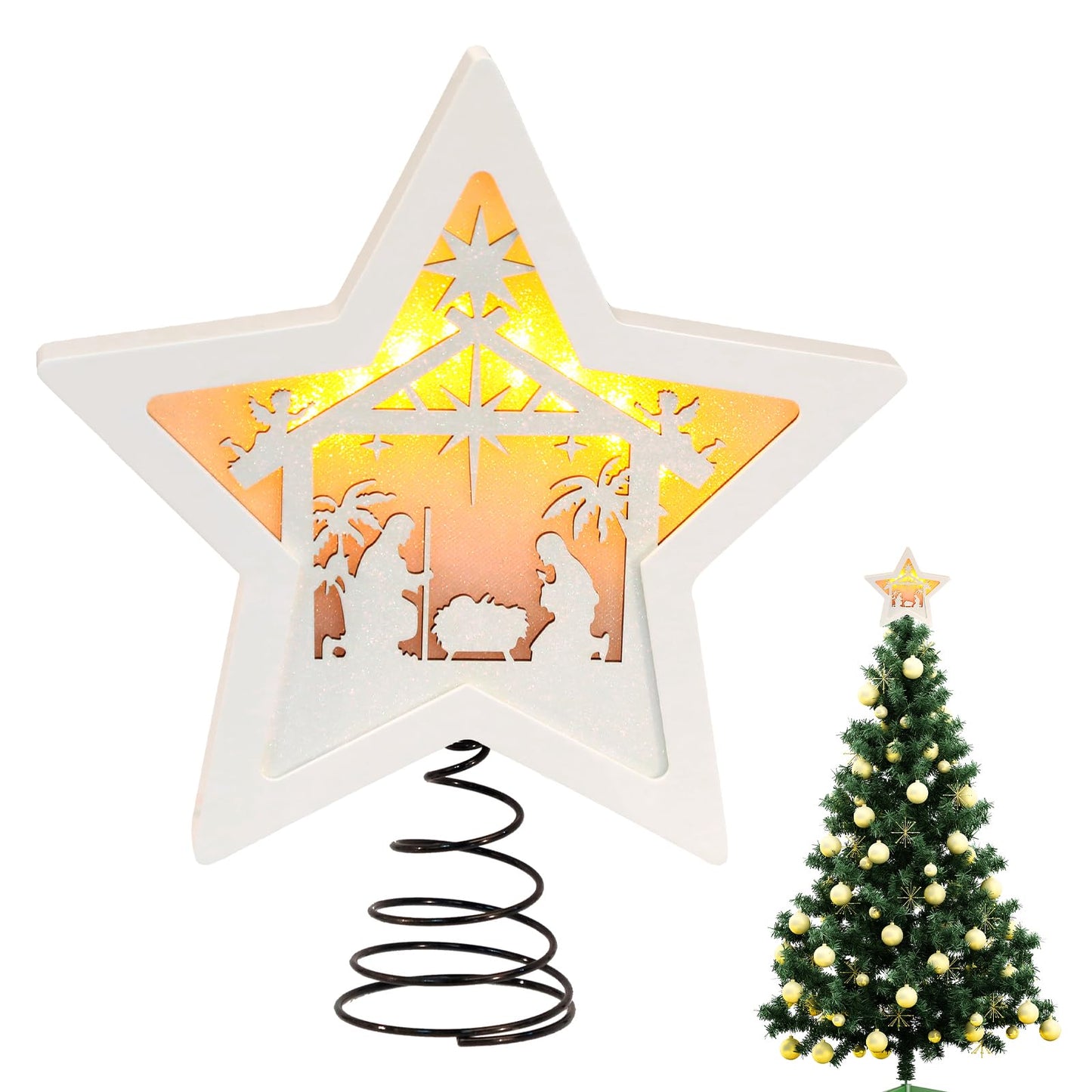 Komiikka Star Nativity Christmas Tree Topper Lighted, 3D Wooden Star LED Nativity Tree Topper Star of Bethlehem for Christmas Party Decorations Indoor