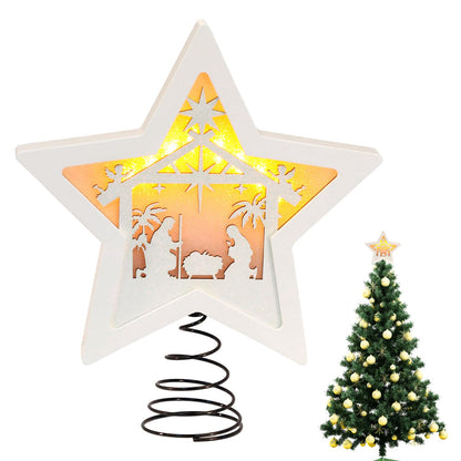 Komiikka Star Nativity Christmas Tree Topper Lighted, 3D Wooden Star LED Nativity Tree Topper Star of Bethlehem for Christmas Party Decorations Indoor