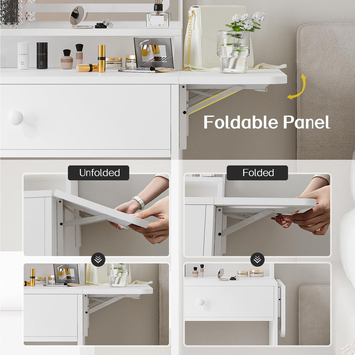 Haewon White Small Vanity Desk Set with Mirror and Lights, Mini Makup Table with Chargin Station and Storage Chair for Compact Space Bedroom Haewon