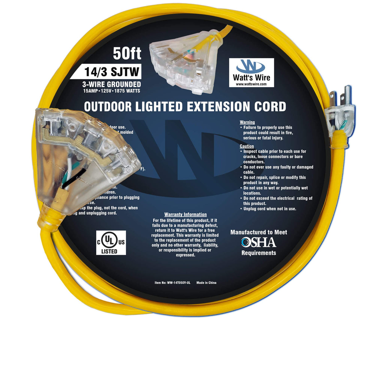 50 ft - 14 Gauge Heavy Duty Extension Cord - 3 Outlet Lighted SJTW - Indoor/Outdoor Extension Cord by Watt's Wire - 50' 14-Gauge Grounded 15 Amp Extension Cord Watt's Wire
