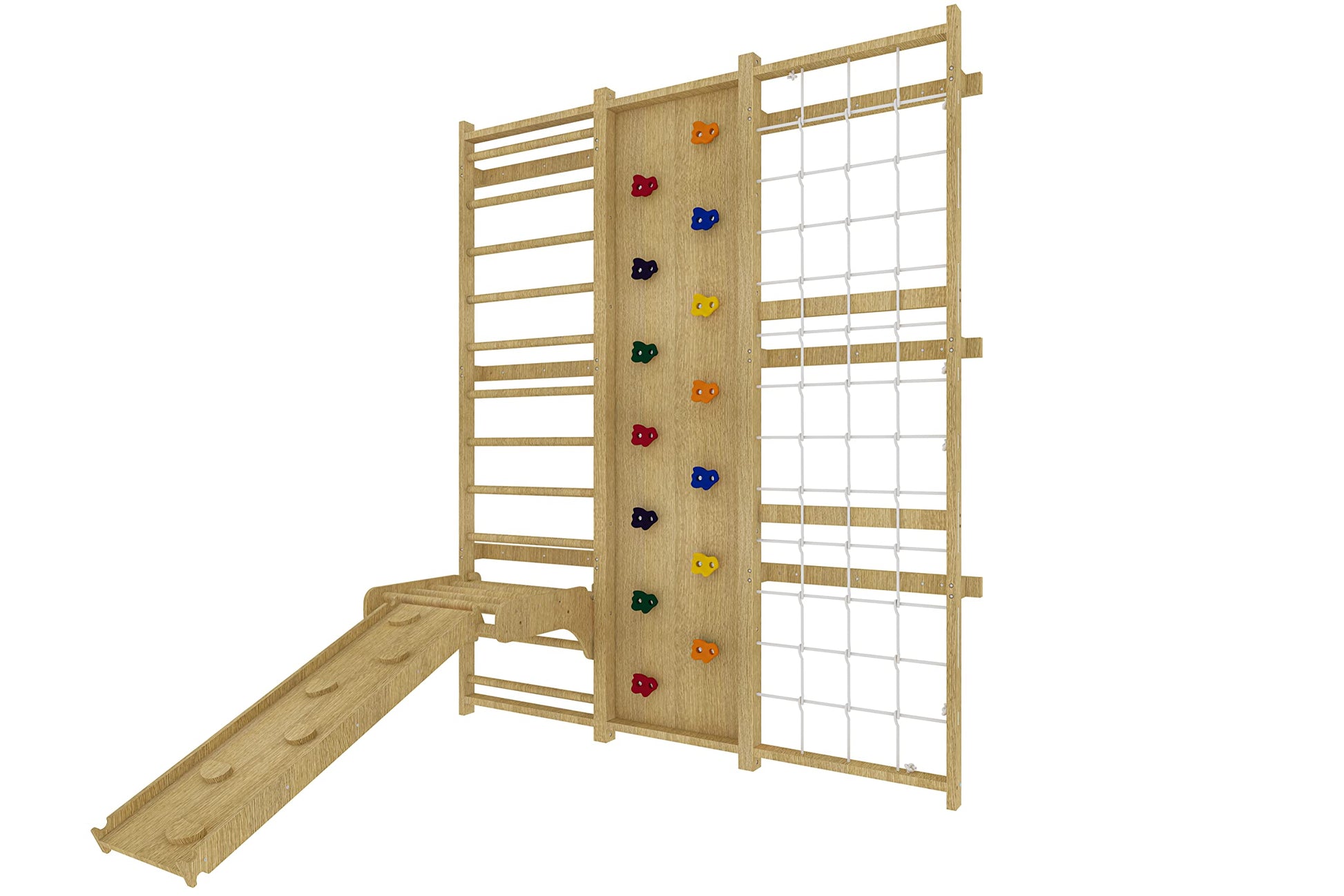 Avenlur Walnut 9-in-1 Swedish Ladder Wall Gym Set - 94.5 Inches - Trapeze Swing, Rope Ladder, Rock Wall, Rope Wall, Rock Ramp Climber, Slide, Pull-up Bar, Ladder and Swing - WoodArtSupply