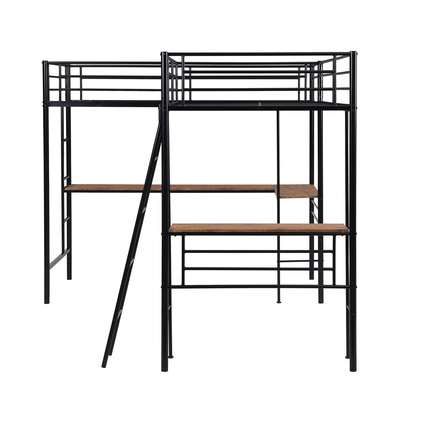 MERITLINE Metal Twin Size L-Shaped Loft Bed, Twin Size Loft Bed Frame with Two Built-in Desks Underneath for Kids Boys Teens, Black