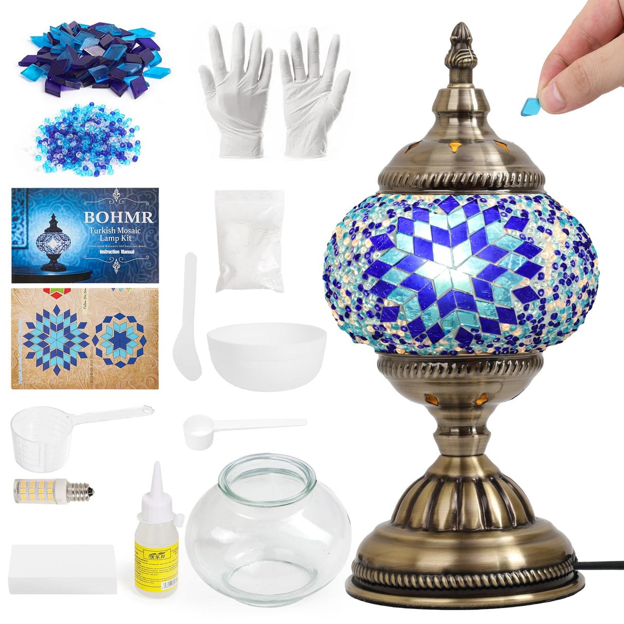 BOHMR DIY Turkish Mosaic Lamp Kit,Table Lamp Making Kit,Easy No Skills Craft for Family Team,Decorative Table Desk Light Crfat Kit for Living Room Bedroom, Make Your Own Table Lamp,Gifts,Blue BOHMR