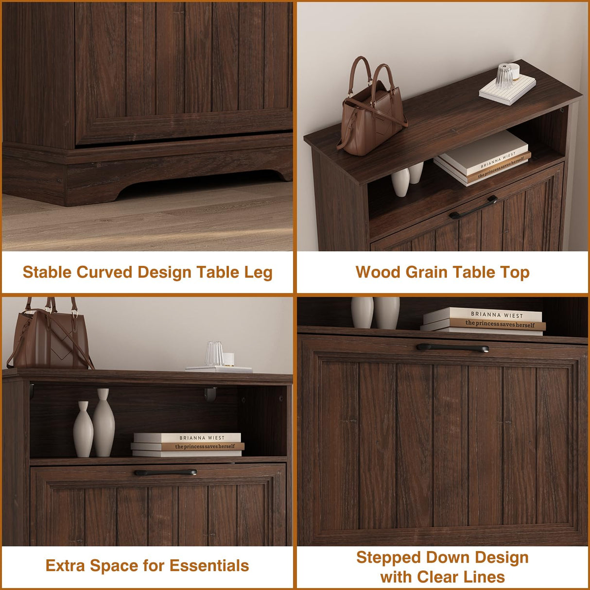 Shoe Storage Cabinet with 2 Flip Drawers, 24" W Farmhouse Modern Hidden Shoes Rack Cabinet with Adjustable Shelves & Open Storage, Narrow Slim Shoe Organizer for Front Door Entrance, Entryway, Walnut WINWY