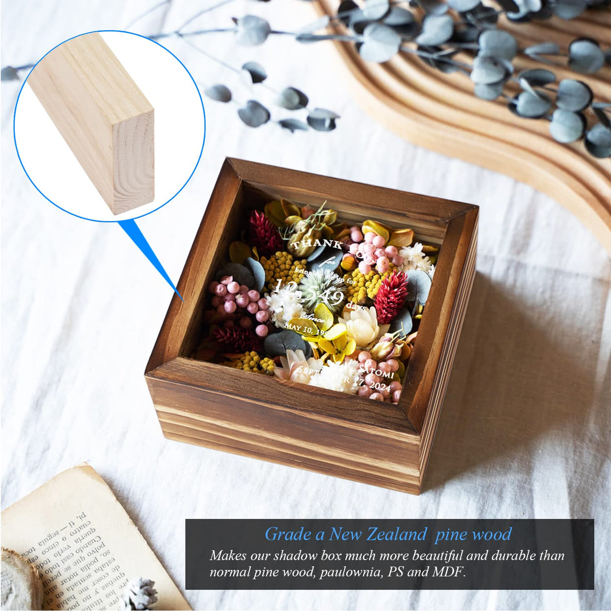 1DOT2 5x5 Small Shadow Box Frame Display Case, Grade A Natural Pine Wood HD Glass Front Soft Linen Back, 1.2 inches Interior Depth-Carbonized Black 1DOT2