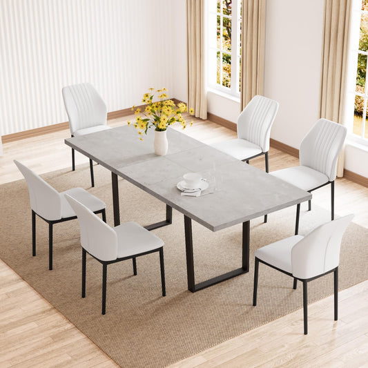 ZckyCine Modern Mid-Century Dining Table Set for 6-8 People Kitchen Dining Room Table Set Extendable Wood Dining Table and 6 Upholstered Chairs, Home Kitchen Furniture