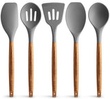 Zulay Kitchen Utensils Set Non-Stick Silicone Cooking Utensils Set with Authentic Acacia Wood Handles - 5 Piece Silicone Utensil Set - Silicone Kitchen Utensils Set with 464°F Heat Resistance - Gray Zulay Kitchen