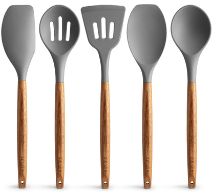 Zulay Kitchen Utensils Set Non-Stick Silicone Cooking Utensils Set with Authentic Acacia Wood Handles - 5 Piece Silicone Utensil Set - Silicone Kitchen Utensils Set with 464°F Heat Resistance - Gray