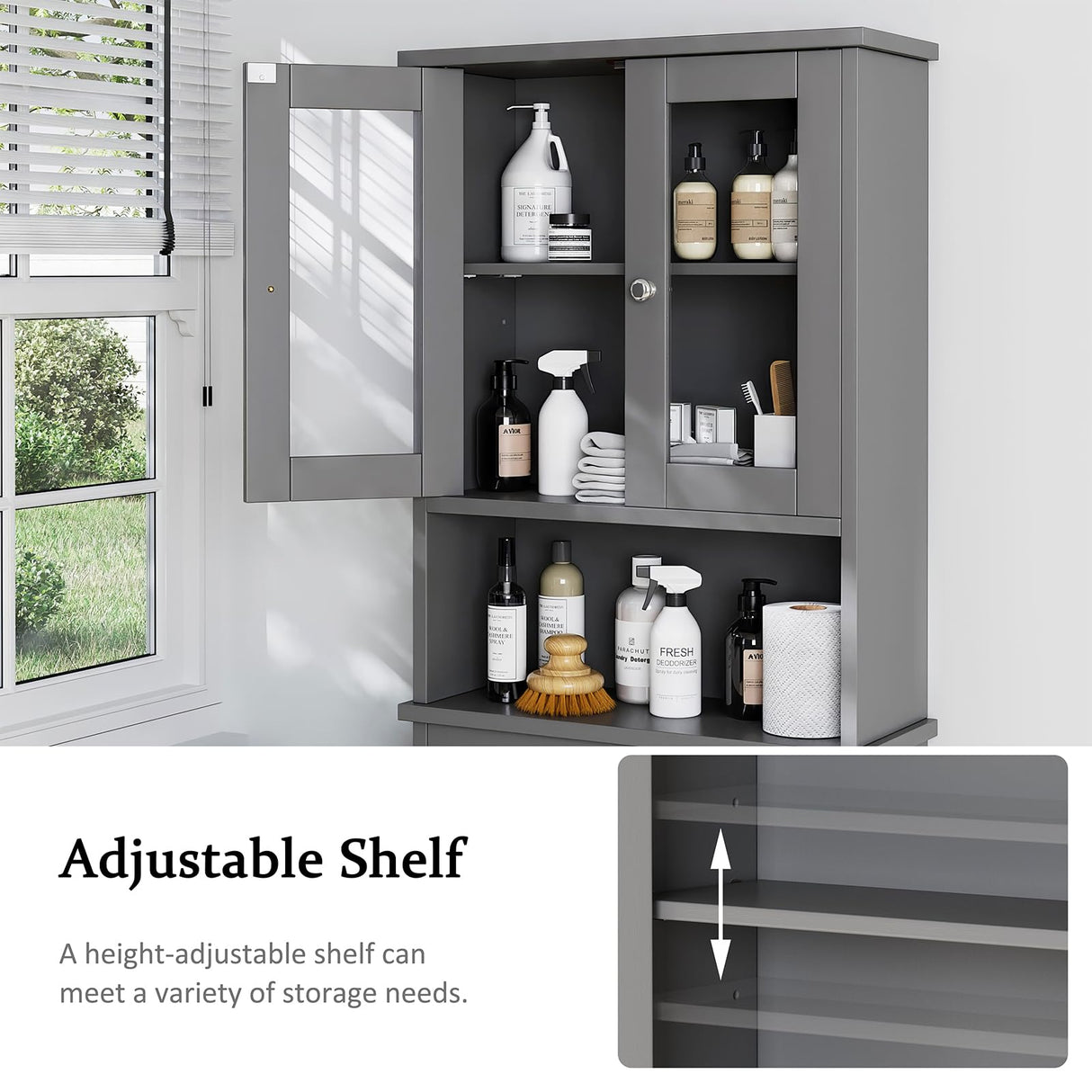 Meilocar Over The Toilet Storage Cabinet, Bathroom Storage Cabinet Over Toilet, Space Saver with 2 Tempered Glass Doors, Grey Meilocar