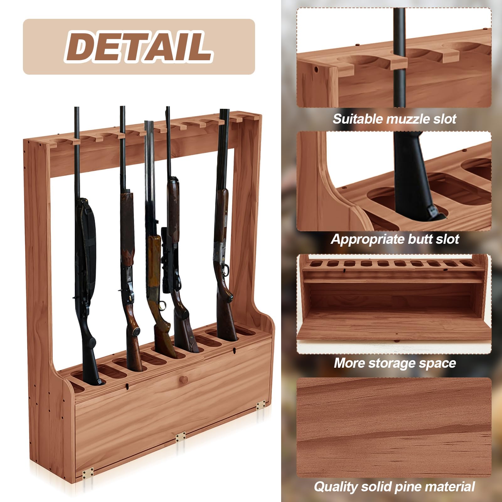 Soaoo Gun Rack, Ten Gun Wooden Standing Floor Gun Display Rack, Gun Display Rack with Storage Compartment for Home or Garage Safe Hunting Gun Storage(Walnut) - WoodArtSupply