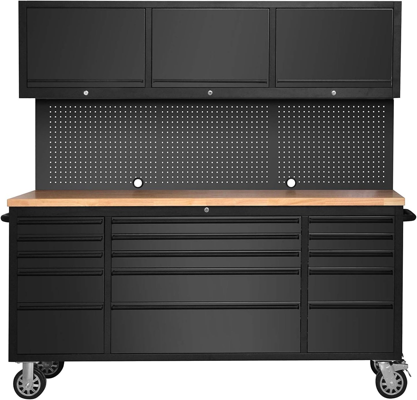 CHETTO 72" Tool Chest Rolling Tool Box 15 Storage Drawers 3 Upper Cabinet Pegboard Large Toolbox with Wheels for Warehouse Basement Home Pantry Garage Black