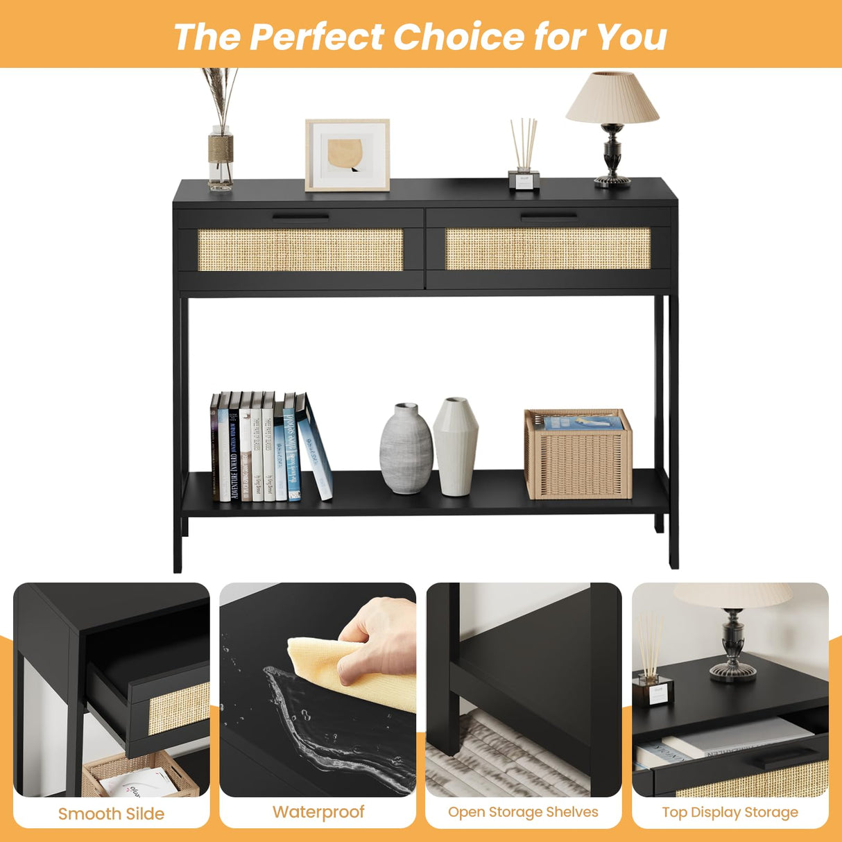 Derfullo Rattan Console Table - Boho Rattan Entryway Table with 2 Storage, Wood Small Console Tables for Entryway, Entry Table for Hallway, Sofa Table Derfullo