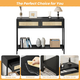 Derfullo Rattan Console Table - Boho Rattan Entryway Table with 2 Storage, Wood Small Console Tables for Entryway, Entry Table for Hallway, Sofa Table Derfullo