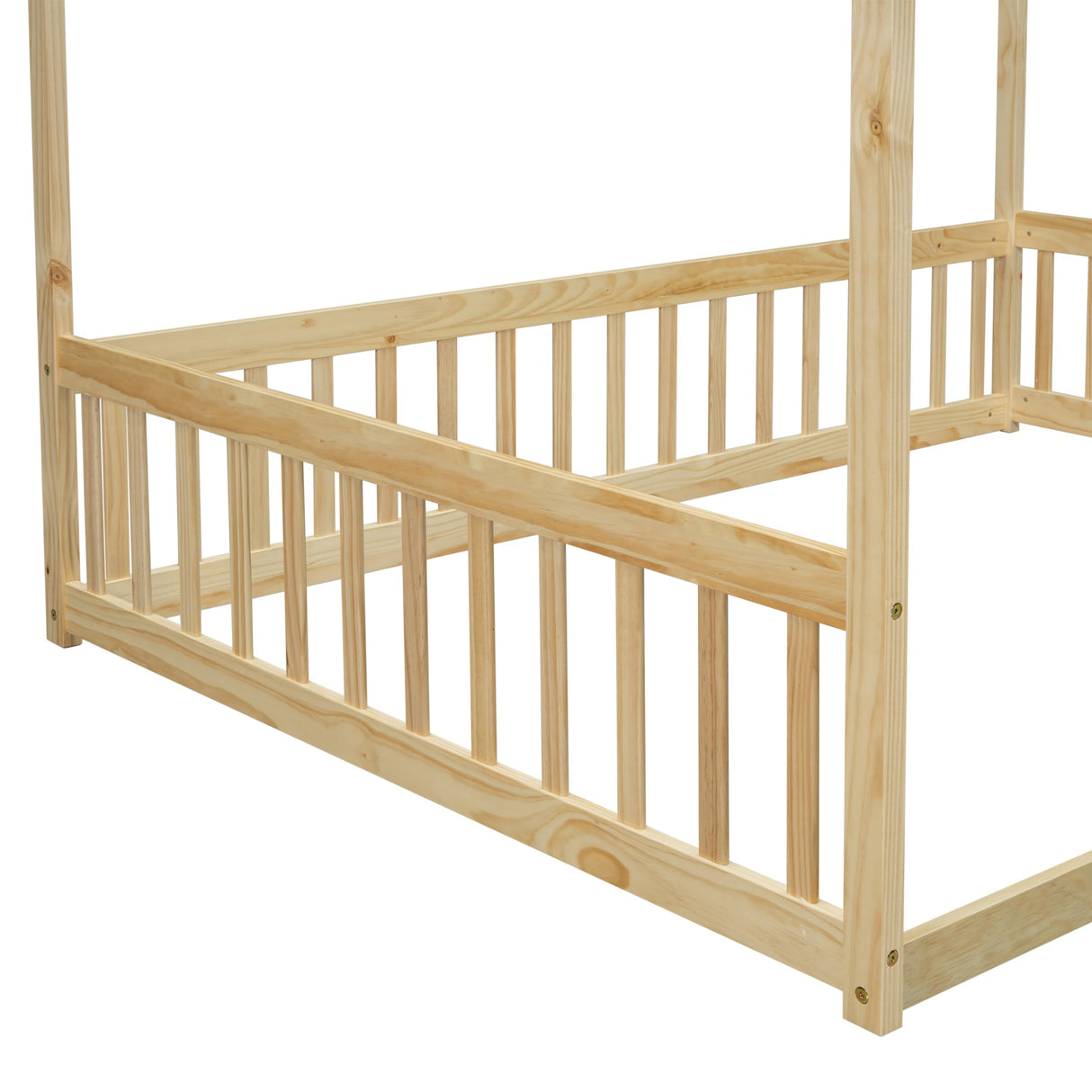 Full-Size Natural Canopy Bed Frame with Guardrails for Kids – Montessori Floor Bed Design Bellemave