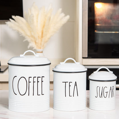 Brighter Barns Large Coffee Tea Sugar Canister Set Farmhouse Coffee Container Set - Large Airtight Food Storage Containers with Lids - Farmhouse Kitchen Decor - Coffee Station Decor & Accessories