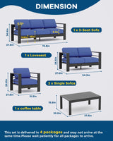 GarveeLife 5-Piece Dark Gray Aluminum Patio Furniture Set, 7-Seat Sectional Sofa with Grey Cushions (2 Singles+1 Loveseat+1 Sofa+1 Table), Outdoor Living Room Set (Blue) GarveeLife