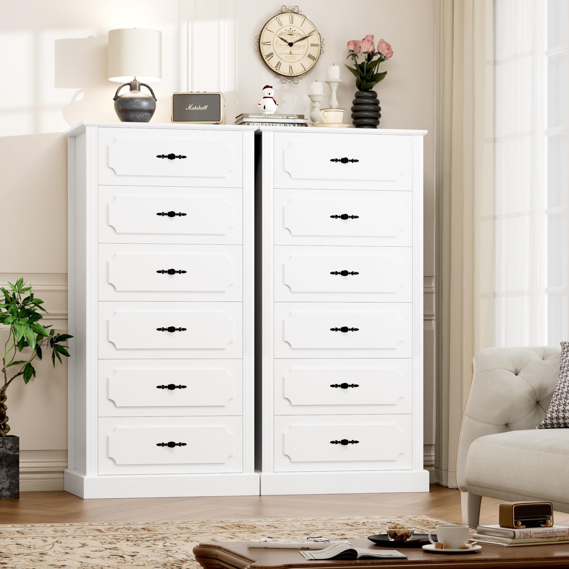 finetones 6 Drawer White Dresser, 51" Tall White Dresser Chest of Drawers, Tall Dresser White 6 Drawer Dresser with Large Storage Space, Modern Storage Chest of Drawers, Super Stable Base - WoodArtSupply