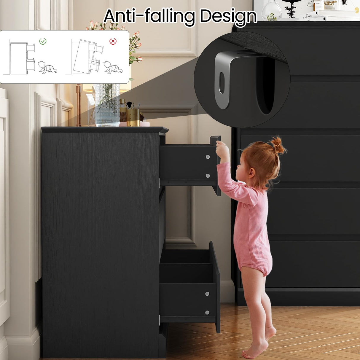 Seeday Dresser for Bedroom, Modern Wooden Dresser Closet Dressers,6 Drawer Dressers for Living Room, Entryway, or Hallway, Black Seeday