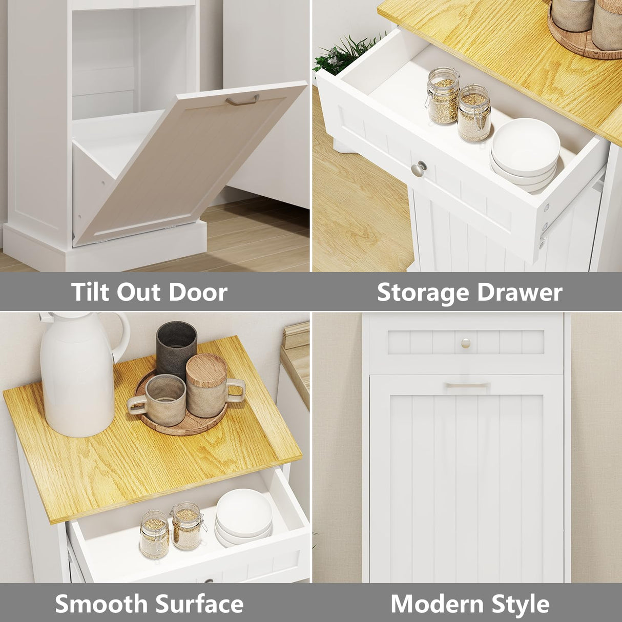 Bocarali Tilt Out Trash Cabinet, 10 Gallon Freestanding Wooden Kitchen Trash Recycling Sorter Cabinet with 2 Drawer, Tilt Out Trash Can Bin Garbage Laundry Cabinet for Living Room, White Bocarali