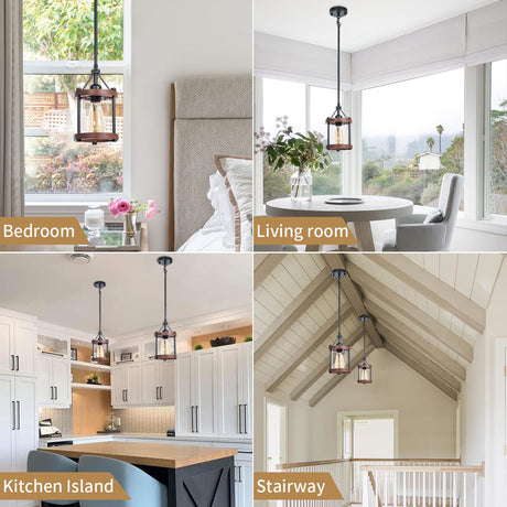 Ejerlya Farmhouse Pendant Light, Rustic Walnut Wood Metal Cage Hanging Light Fixtures with Glass, Adjustable for Flat and Slop Ceiling, Pendant Lighting for Kitchen Island Foyer Hallway,2-Pack Ejerlya