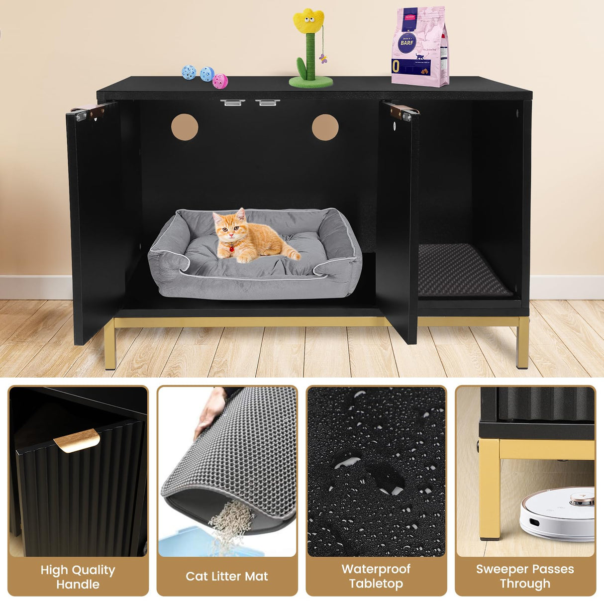 QuicMiou Cat Litter Box Enclosure, Hidden Litter Box Furniture with Metal Legs, Side End Table Indoor Cat House Storage Cabinet 31.5 x 19.7 x 20 Inches (Black + Gold) QuicMiou