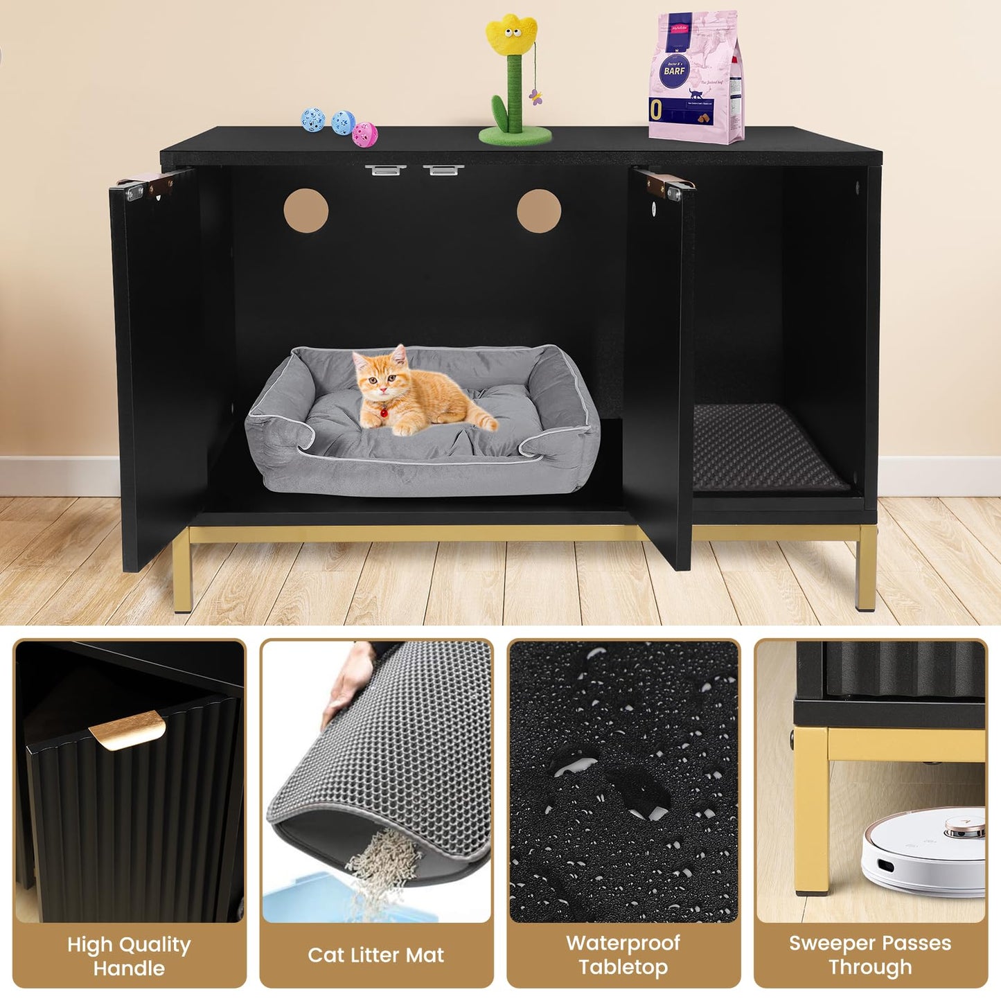 QuicMiou Cat Litter Box Enclosure, Hidden Litter Box Furniture with Metal Legs, Side End Table Indoor Cat House Storage Cabinet 31.5 x 19.7 x 20 Inches (Black + Gold)