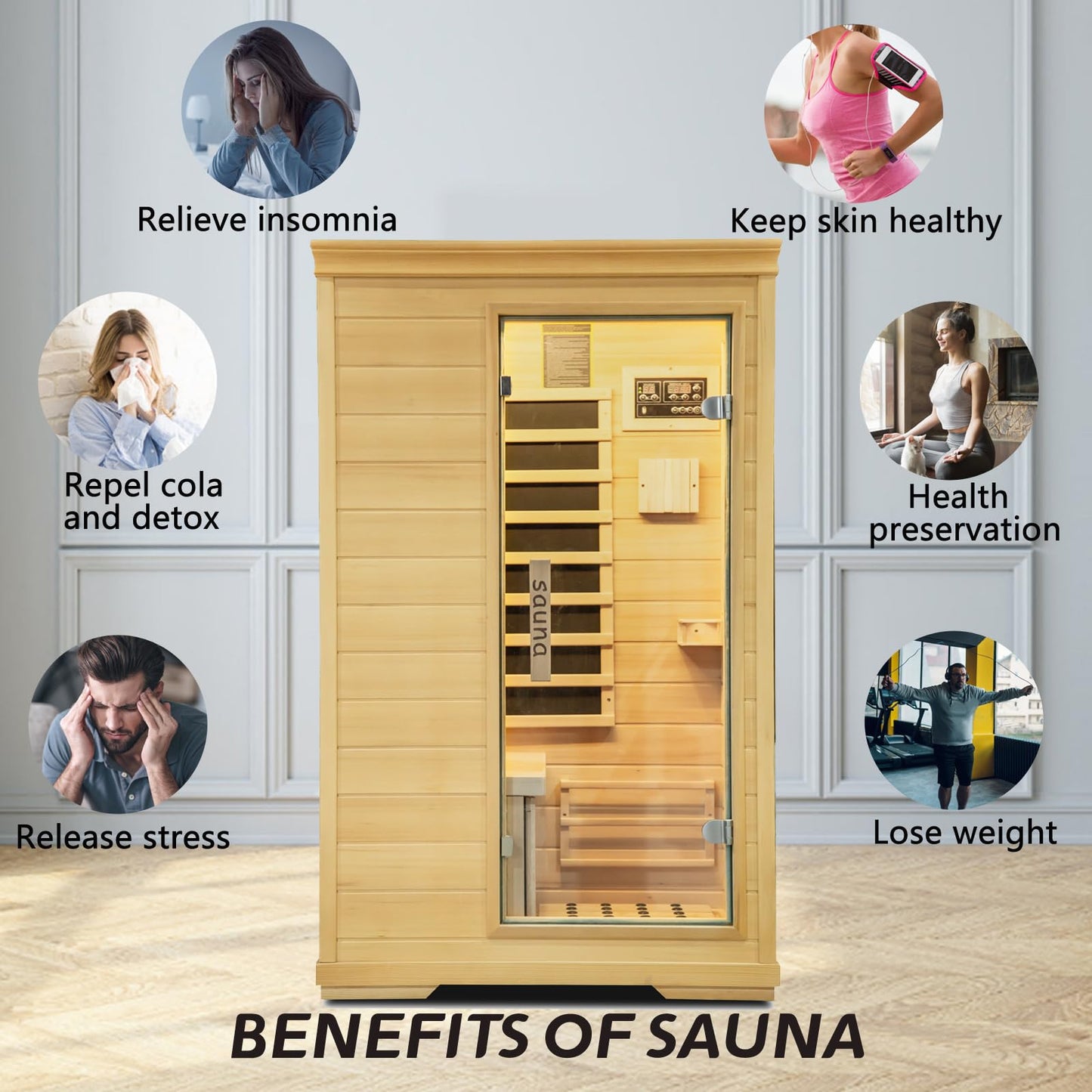 1-Person Far Infrared Home Sauna, Side-Opening Hemlock Wooden Indoor Mini Sauna 1050W Constant Temperature Control Personal Dry Sauna Home Spa,Time and Temp Pre-Set，Valentine's Day