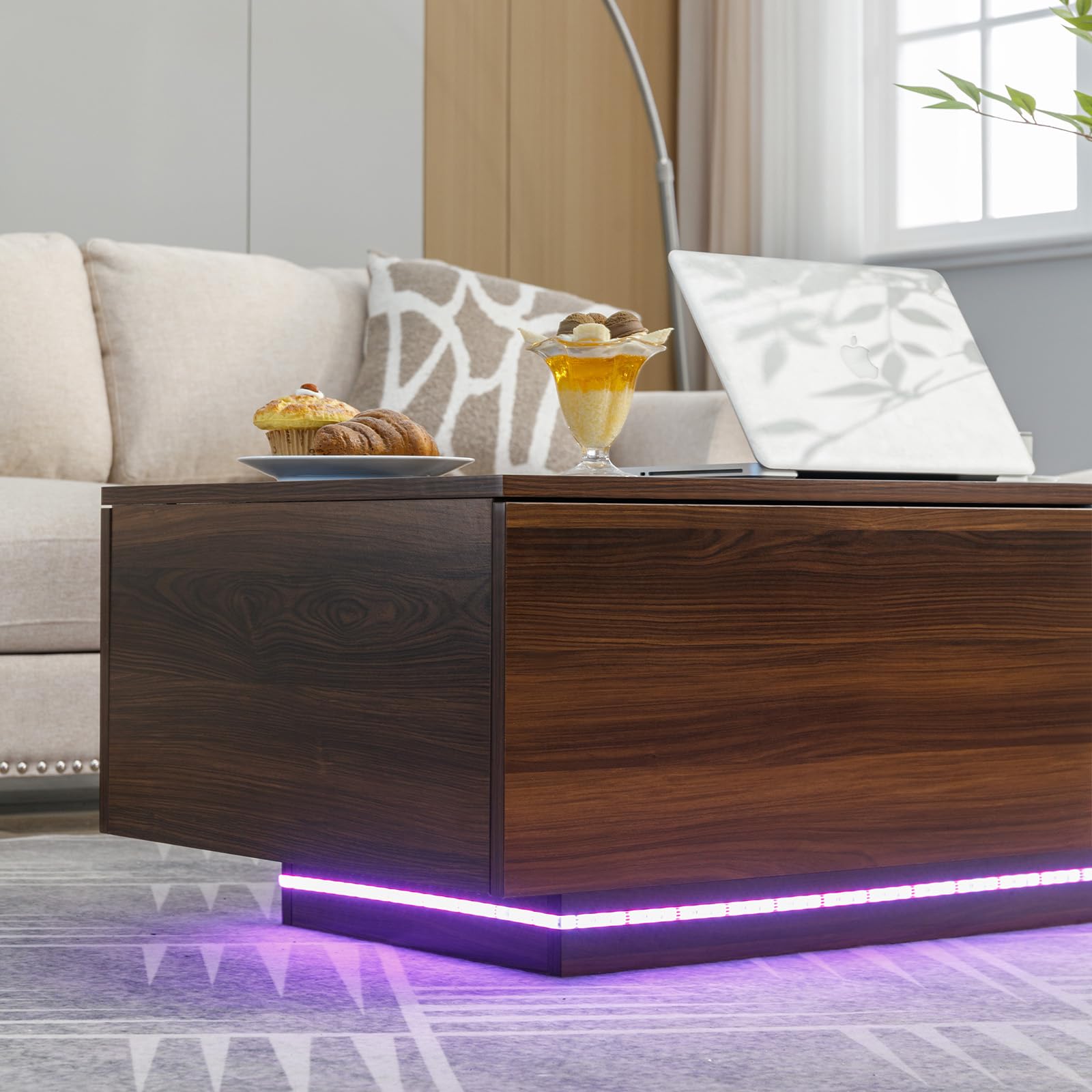 COSVALVE 43" LED Coffee Table for Living Room, Marble Coffee Tables with 2 Storage Drawers, Modern Center Table with 24 Colors LED Light, Walnut and White - WoodArtSupply