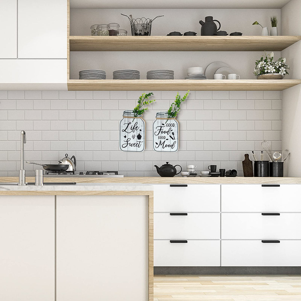 Bnesi Kitchen Wall Decor,Rustic Farmhouse Decorations,4 Pcs Mason Jar Wooden Rustic Kitchen Decor for Wall (beige) Bnesi