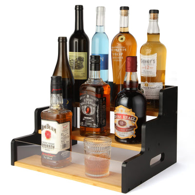 Liquor Bottle Display Shelf, 3 Step Countertop Liquor Wine Rack, Coffee Bar Station Spice Rack Organizer 3-in-1,Bar Bottle Shelves for Liquor Whiskey Wine Coffee Syrup Display, Retro Wine Rack Home