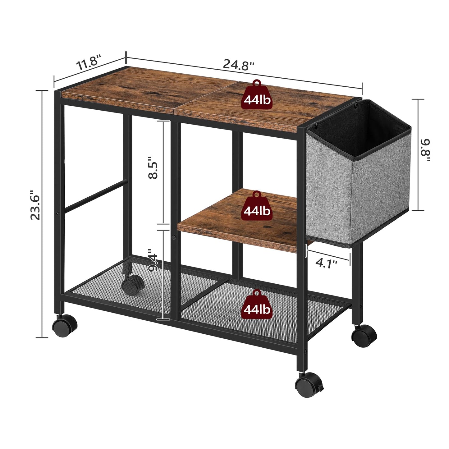 MAHANCRIS Printer Stand with Storage Bag, 3-Tier Mobile Under Desk Printer Cart with Wheels, Wood Rolling Printer Table, Organizer Shelf for Study, Office, Living Room, Rustic Brown PTHR2201