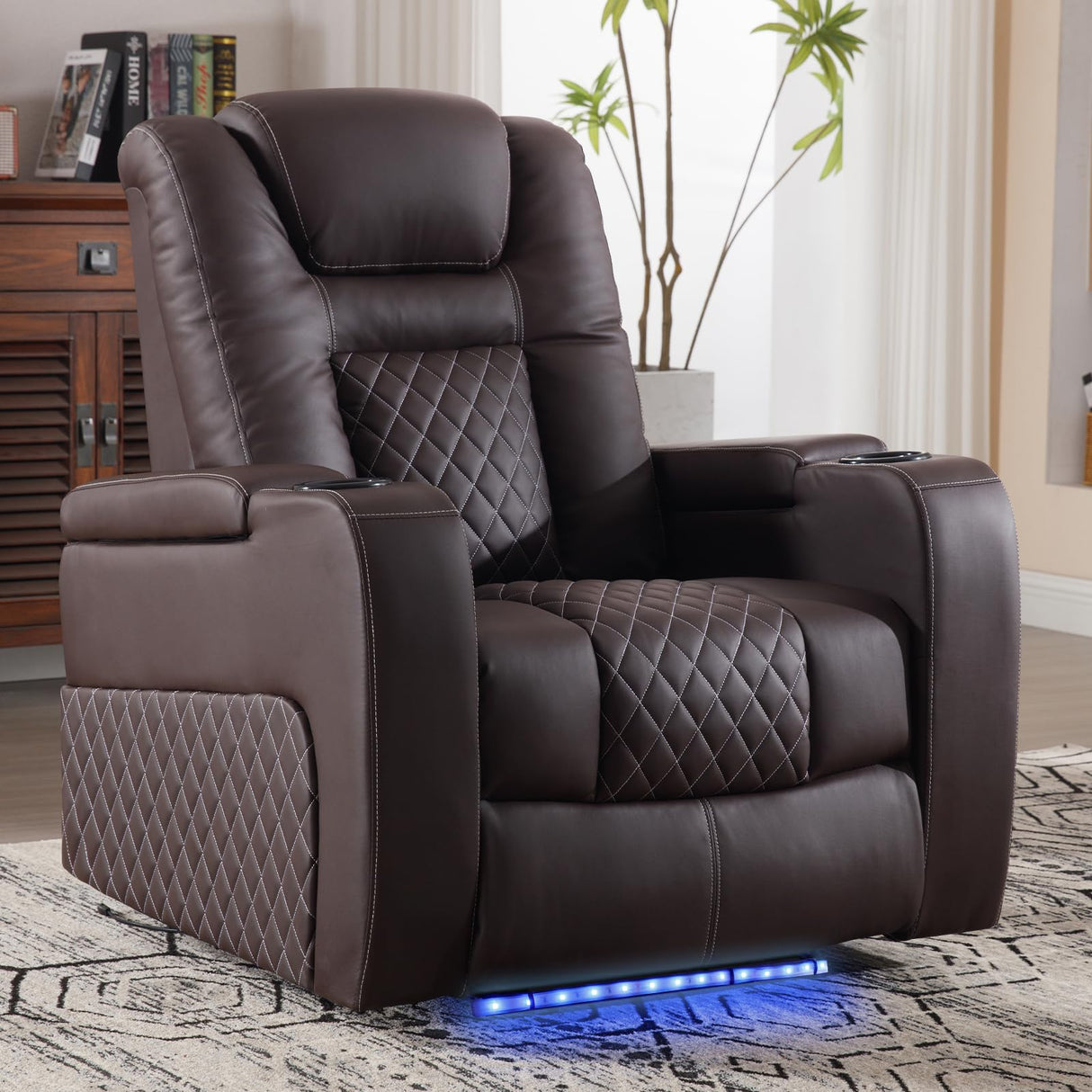 SAMERY Power Recliner Chair with Adjustable Headrest for Living Room Faux Leather Electric Recliner Chair Home Theater Seating Seats with Lighting/USB Port/Storage Arms/Reversible Armrests/Cup Holder SAMERY